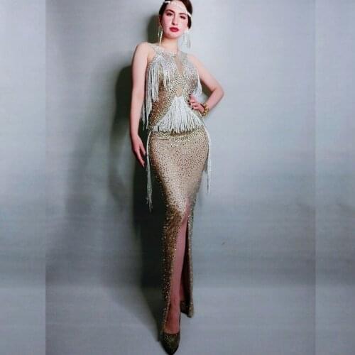 Sparkly Crystals Fringe Dress Singer Performance Costume Party Celebrity Birthday Full Rhinestones Dresses Sleeveless Long Dress