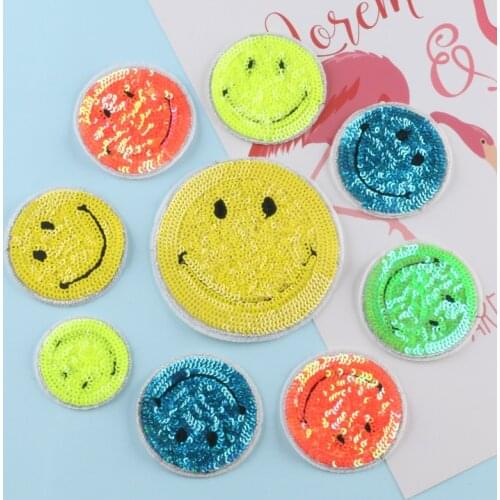 Sequined Smile Face Patches Iron on Sequin Embroidery Colorful Round Smiley Shiny Patches for DIY Clothing Embroidered Appliques
