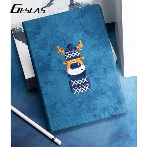 GESCAS Faux Leather Case For IOS Pad Mini 1/2/3/4/5 9.7 10.2 10.5 11 2018 2020 Cartoon Embroidery Full Cover Tablet Case