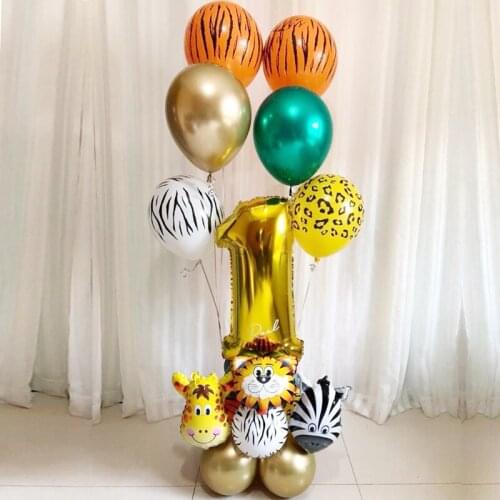 19pcs Jungle Animal Tiger Giraffe Zebra Balloons Cartoon Figure gold Digital globos Birthday Party Decorations Kids Baby Shower