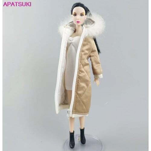 Champagne Color Long Coat with White Zip Hat Clothes for Barbie Doll Hoodie Shoes for Barbie Doll Outfits Winter Wear Toys