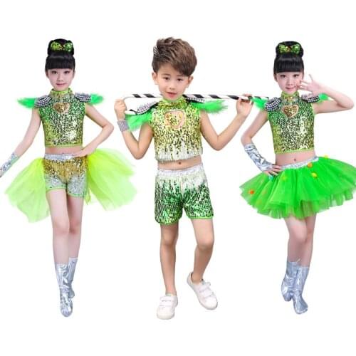 Boy Or Girl Sequin Jazz Costume Green Pink Red Hip Hop Costume Modern Dance Performance Wear Skirt Suit Dress Clothes
