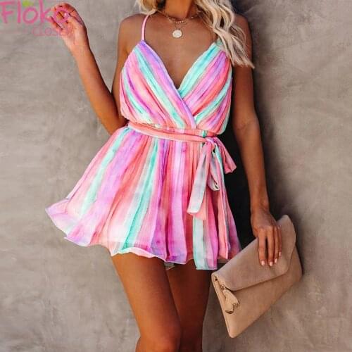 Flokocloset Casual V-Neck Spaghetti Strap Chiffon Mini Dress Summer Backless A-LINE Tie Dye Print Party Dresses