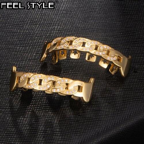 Iced Out Micro Pave Full CZ Teeth Grillz Top&Bottom Cuban Link Chain Grills Fang Tooth Grills For Men Hip Hop Jewelry