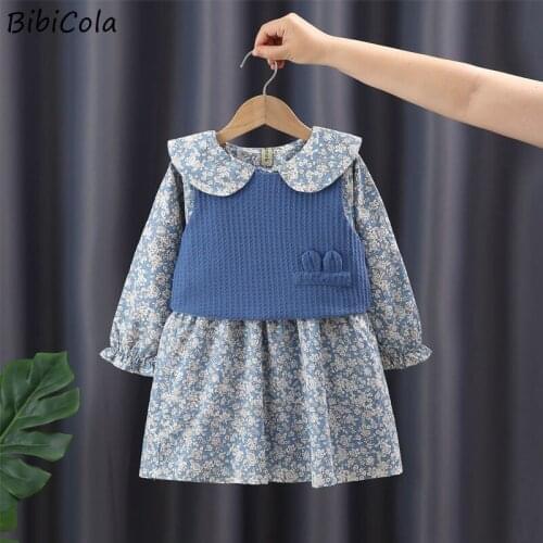 Baby Girls Clothes Set Doll Round Neck Small Floral Flared Sleeves Dress + Vest Two-piece