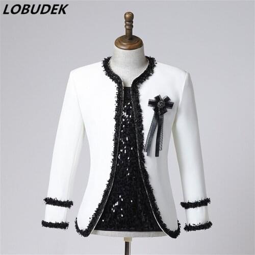 Korean Style Male Dancer Group Performance Suit Jackets White O-neck Slim Coat Nightclub Bar Stage Show Costume S-3XL