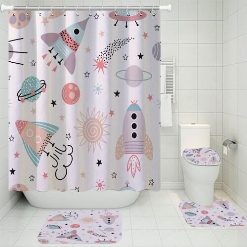 3/4 Pieces Small Fresh Shower Curtains Sets Cartoon Rocket/Planet Toilet Mat U Shaped Carpet 3D Print Home For Bathroom Set