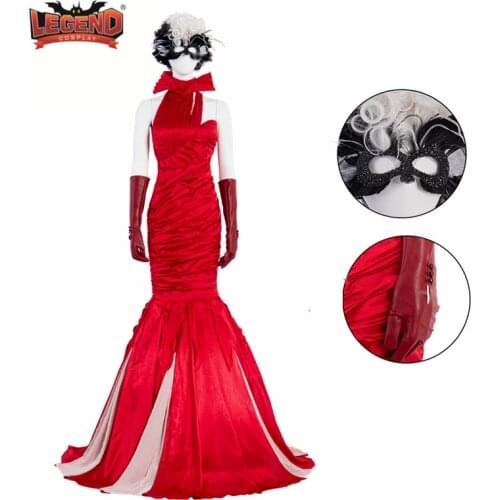 Cruella Cosplay Red Dresses Fashion Queen Costume Cruella De Vil Evening Party Fancy Mermaid Dress Cosplay Legend Wig Mask New