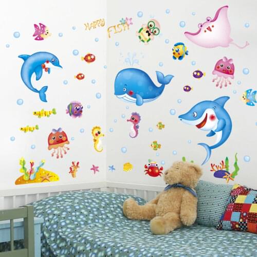 [SHIJUEHEZI] Cartoon Fish Wall Stickers DIY Whale Dolphin Shark Wall Decals for Kids Rooms Baby Bedroom Bathroom Decoration