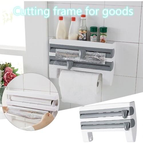 Wall-Mount Paper Towel Holder Sauce Bottle Storage Rack 3 In 1 Cling Film Cutting Holder Multifunction Kitchen Organizer Gadget