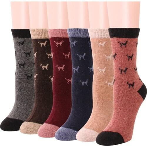 Fashion Women Wool Socks Middle Tube Animal Dog Pattern Winter Crew Socks Soft Thick Warm Casual Wool Boot Socks 12 Pairs
