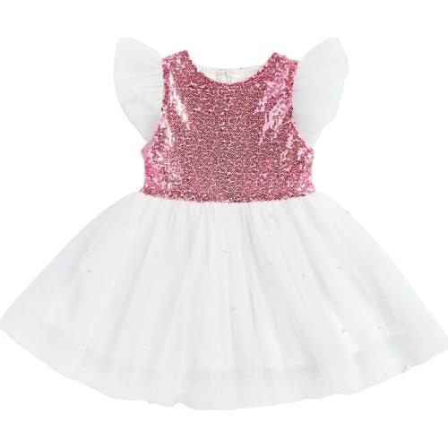 1-6Years Infant Patchwork Princess Dress, Girls Fly Sleeve Round Neck Sequin Pearl Tulle One-piece