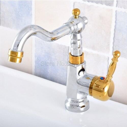 Polished Chrome & Gold Color Brass Bathroom Vessel Sink Faucet Single Handle Swivel Spout Mixer Tap Single Hole tsf803