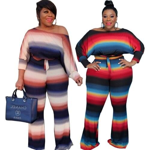 Casual Suit Long-sleeved Knitted Top Loose Trousers Two-piece Suit Stripe Printing One Piece Set Wholesale Drop Shipping