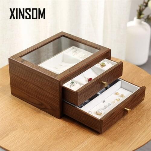 XINSOM Fashion Wooden Jewelry Box Double Layers High Capacity Jewelry Storage Box Modern Necklace Earrings Rings Casket BX122