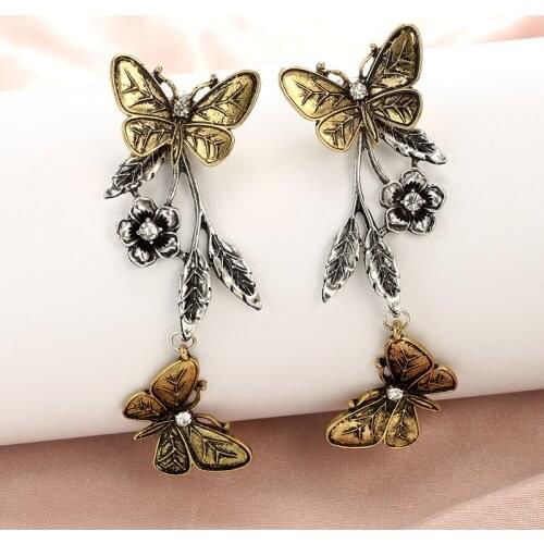 Vintage Flower Drop Earrings Femininity Retro Butterfly Ear Jewelry Long Dangle Earrings for Women Girls Wedding Party Accessory