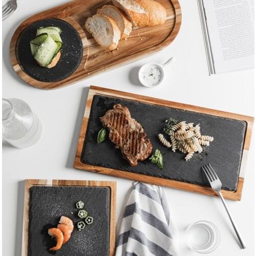 Solid Wood Lovesickness Western-style Japanese Food Wooden Plate Black Slate Steak Plate Main Course Tray Dessert Dinnerware