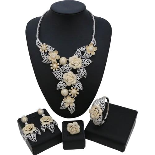 Yulaili Cubic Zircons Flower Shape Fashion Necklace Earrings Bracelet Ring Wedding Bridal Jewelry Sets Accesories Wholesale