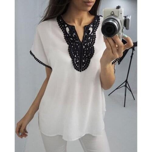 Womens Lace T-shirt Large Size Shirt Loose Chiffon Shirt White Pink Yellow Black Burgundy Blue Blouse