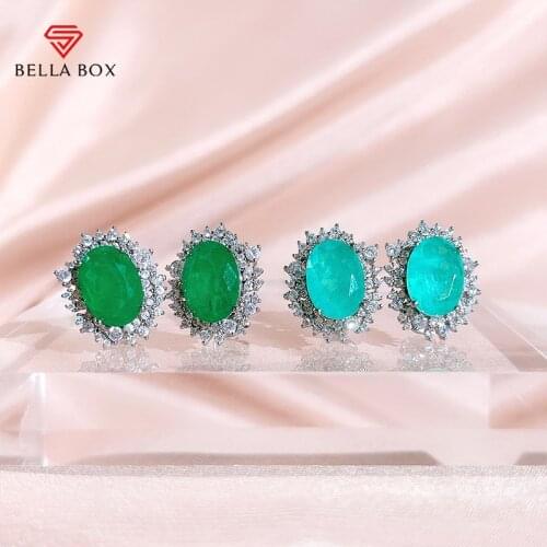 BELLA BOX Paraiba Emerald Stud Earrings For Women 925 Sterling Silver Luxury 8*12mm Blue Green Oval Anniversary Fine Jewelry