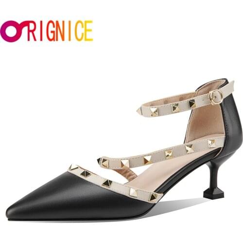 Orignice Summer Women Mid High Heels Breathable Rivet Studded Pumps Classic Pointed Toe OL Office Dress Shoes Big Size 34-43
