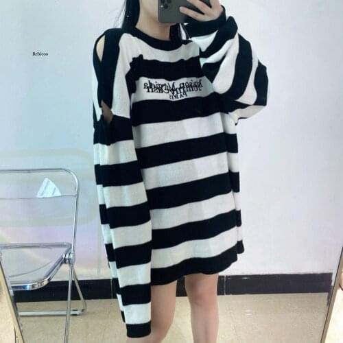 Winter New Women Oversized Long Sweater Jumpers Hip Hop Chic Korean Knit Sweater Pullovers Black White Striped sweater
