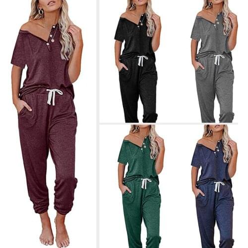 Women Solid Sweatshirt Set Short Sleeve T-shirt V-neck Top Drawstring High Waist Pants Tracksuit Sporty Casual Outfit Summer