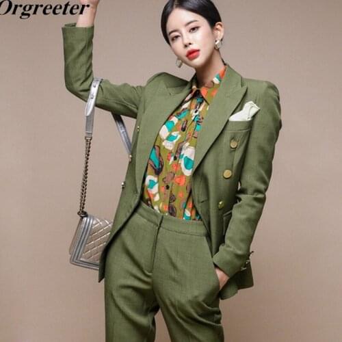 Newest Double Breasted Blazer and Trouser Two Piece Set Autumn Winter Formal Green Coat and Pants Womens Suit OL Work wear