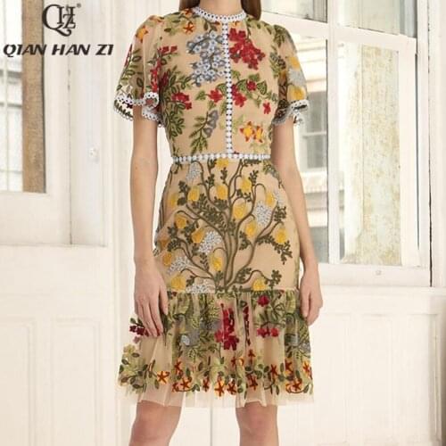 Qian Han Zi summer fashion designer womens dress Lace short sleeves vintage Slim mesh high-quality Flowers embroidered dress