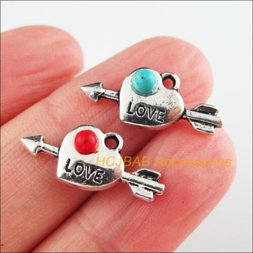 25Pcs Tibetan Silver Tone Love Arrow Red & Blue Stone Heart Charms Pendants 10.5x21mm