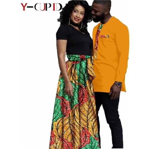 Bazin Riche African Clothes for Couples Women Print Bowtie Long Skirts Matching Men Outfits Ankara Patchwork Shirts YS20C011
