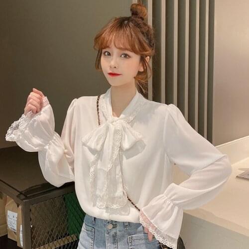 French Minority White Shirt Womens Spring Clothes Design Sense Sweet Chiffon Shirt Bow Top Long Sleeves Inner Wear Shirt