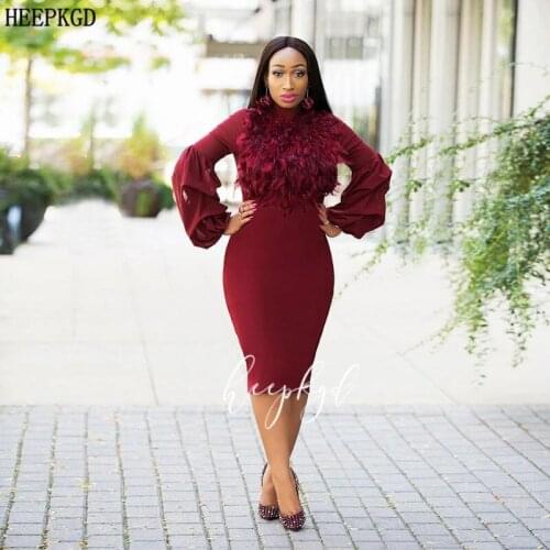 Burgundy Short Prom Dresses Feather Chiffon Sheath Long Sleeves Black Girl Formal Party Dress Plus Size Graduation Gowns