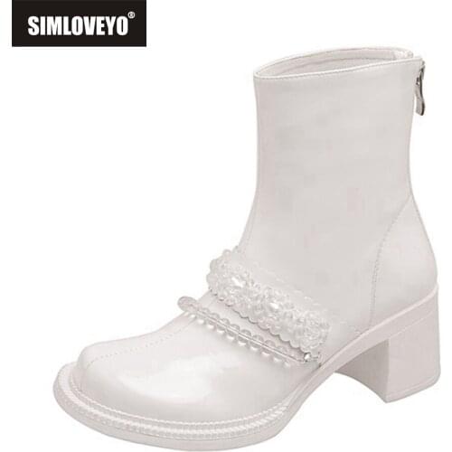 SIMLOVEYO Chelsea Boots Chunky Boots Women Winter Shoes Genuine Leather Plush Ankle Boots Female Autumn Rhinestone Flower Chain