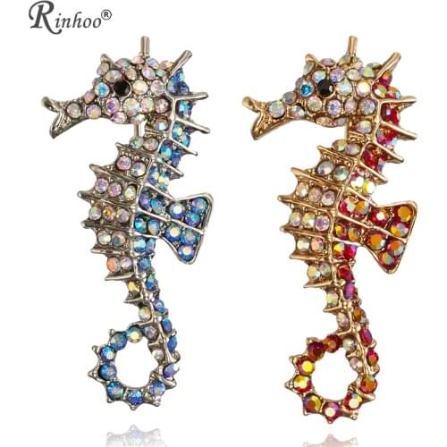 RINHOO Animal Brooch Decoration Garment Corsage Rhinestones Red Blue Sea Horse Swim Hippocampus Brooches Women Men jewelry pins