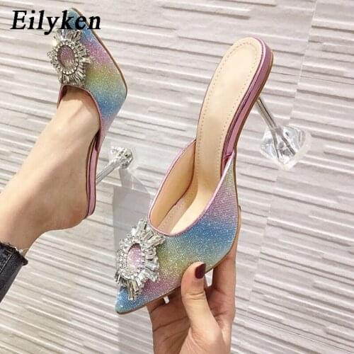 Eilyken New Bling Bling Rhinestone Buckle High Heel Shoes Sexy Pointed Toe Transparent Crystal Heel Wedding Dress Pumps Slippers