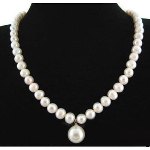Elegant 7-8mm White Freshwater Pearl Pendant Necklace 18"