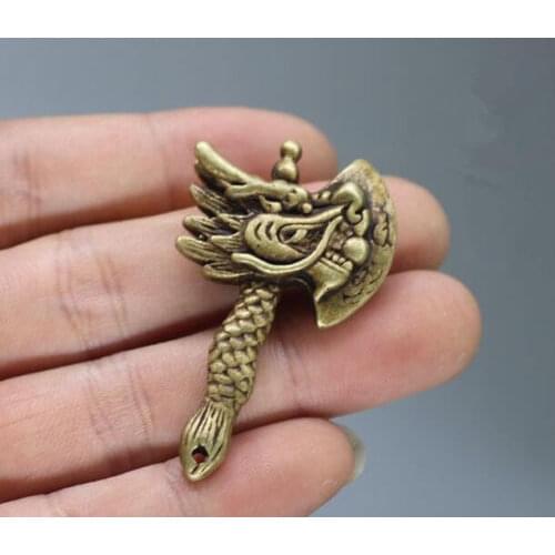 Chinese Old Collectibles Pure Brass Dragon Head Axe Small Pendant Statue