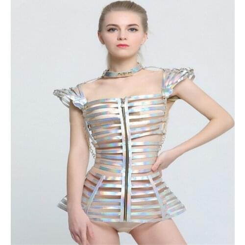S07 Ballroom dance silver mirror costumes Slim Clothes stage show wears women sexy dresses dj disco outfit performance bar bra
