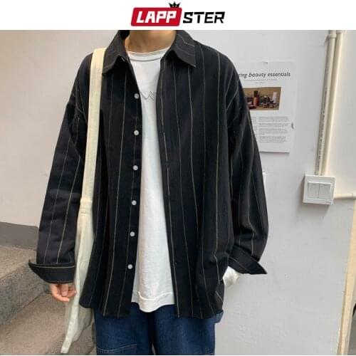 LAPPSTER Mens Striped Korean Black Shirt Long Sleeve 2020 Mens Harajuku Oversized Shirts Couple Streetwear Black Shirt Button Up