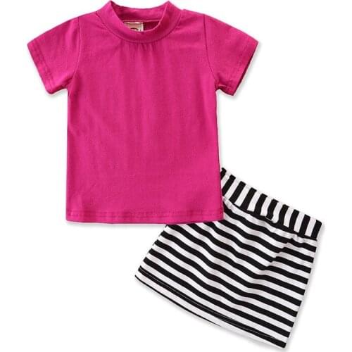 Summer Girl Set Rosepink T-shirt + Stripes Skirt Suits for Kids Children Clothes