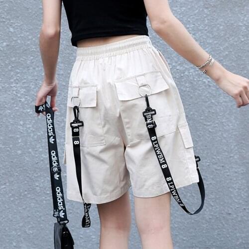 Fashion Shorts Women 2021 Summer Solid Pockets High Waist Elastic & Drawstring BF Harajuku Streetwear Casual #DK02