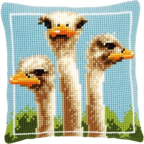 DIY Cross Stitch Cushion Cover Three Ostriches Needlepoint Kit Printed Canvas Chunky Yarn Cross-stitch Pillow Case Arts & Crafts