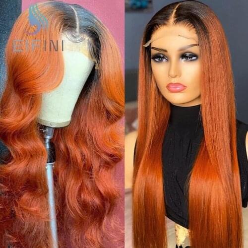 Brown Root Lace Fornt Wigs Straight Human Hair Wigs For Women Ombre Orange Brazilian Remy Body Wave T Part Lace Wigs Pre Plucked