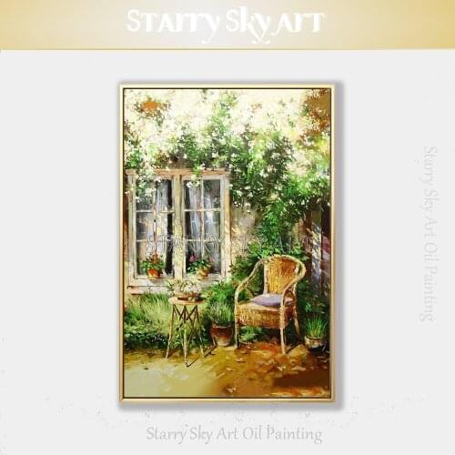 Hand-painted Summer Time Courtyard Oil Painting on Canvas Beautiful Landscape Courtyard and Chair Oil Painting for Wall Decor