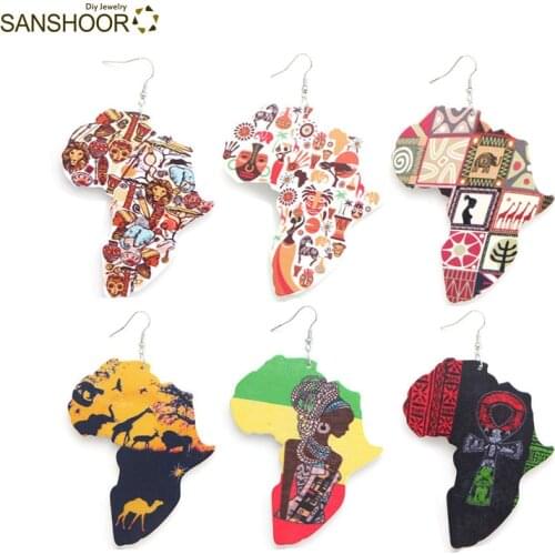 SANSHOOR Mixed One Side Printed Animal World Ankh Sign African Woman Map Wooden Earrings 6Pairs