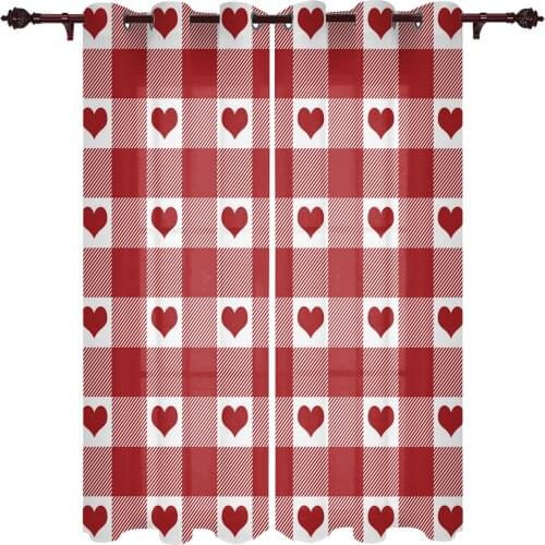 Red Heart Plaid Window Curtains Bedroom Kitchen Drapes Panel Curtains for Living Room Christmas Home Decor