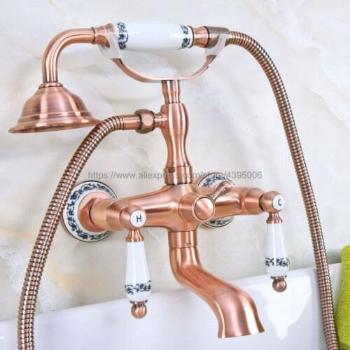 Red Copper Telephone Style Bathtub Faucet Bathroom Tub Sink Faucet Wall Mounted Two Handles Hot and Cold Handshower Bna330