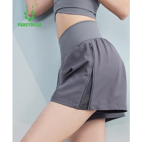 VANSYDICAL 2 in 1 Running Shorts Women Yoga Gym Short Trousers With Zipper Double Layers Fitness Workout Sport Shorts Women