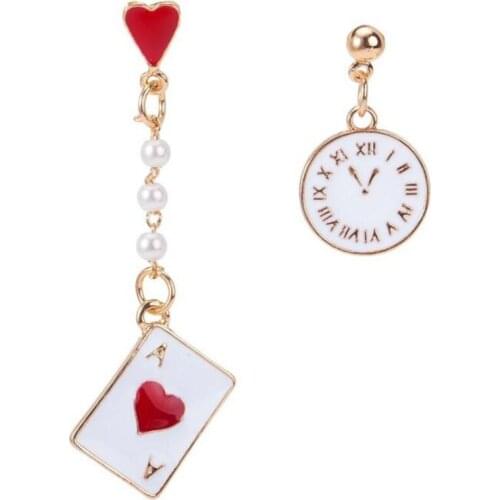 Creative Asymmetric Playing Card Clock Womens Earrings Unique Design Female Heart Shaped Pearl Earrings Fashion Jewelry Gift